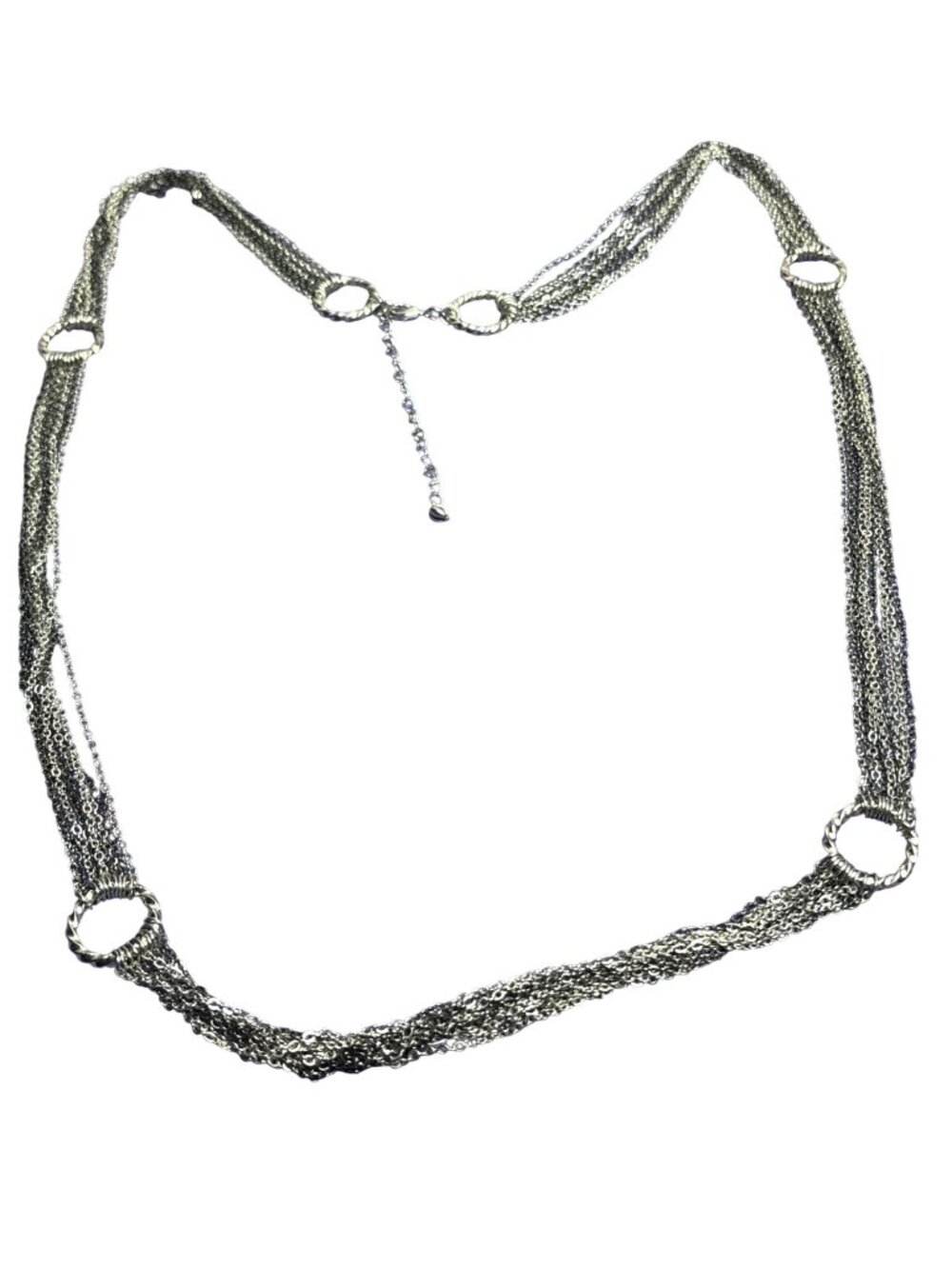 Multi Strand Silvertone Gunmetal Necklace Station Textured Rings 36 - 19 inches